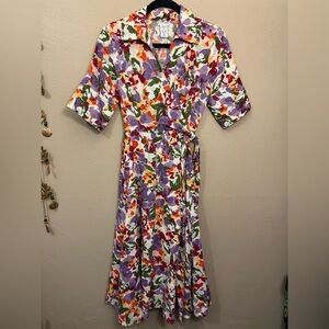 JG Hook Vintage 100% Linen Abstract Colorful Floral Midi Faux Wrap Dress Size 4P